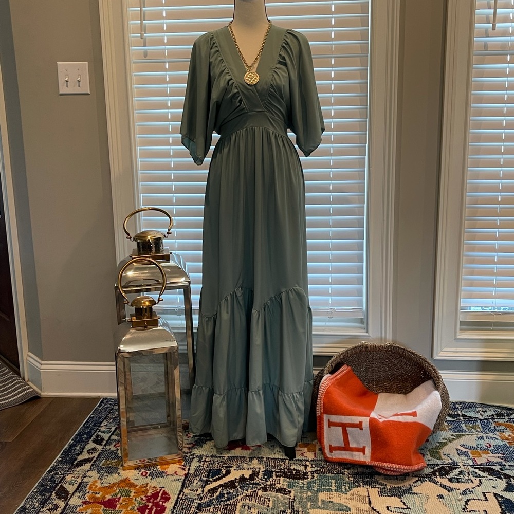 Maxi dress casual mid sleeves pleated ruffle BoHo dress - Picture 7 of 16